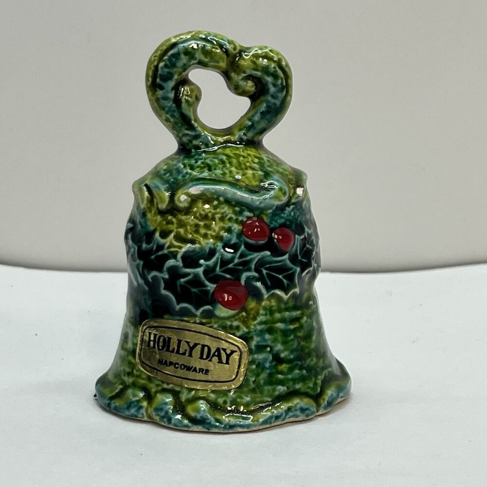 napcoware holly day ceramic green glaze‎ bell vintage christmas 70s